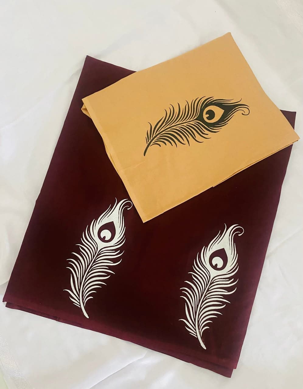 Handmade Silk Saree — Maroon Peacock Feather