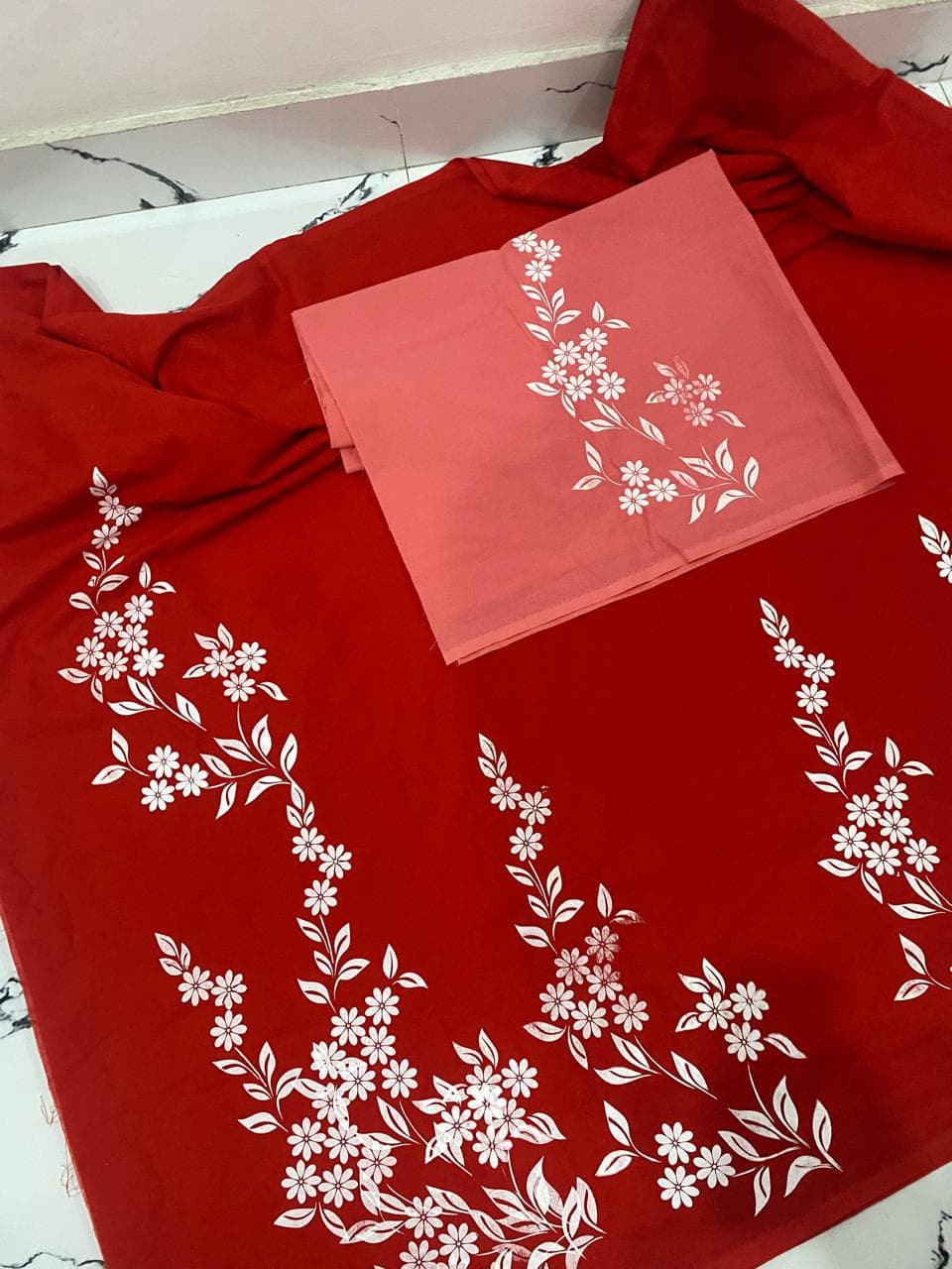 Handmade Saree — Red Floral Print with Pink Blouse